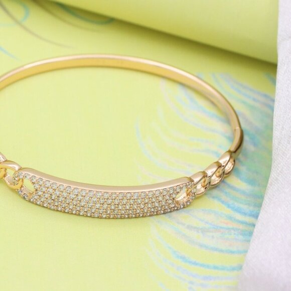 Rose Gold Chain Link Bangle with Sparkling Stone-Encrusted Plate, XPBL0556 - Picture 4 of 12